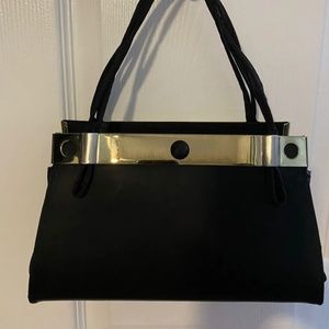 Vintage 1960 Harry Levine HL USA Black Satin Evening Bag Purse Gold/Silver  Trim